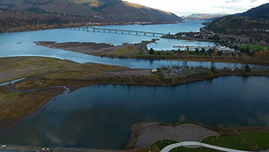 The Hood River and Columbia River confluence